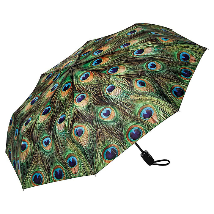 VON LILIENFELD Regenschirm Taschenschirm Pfau Windfest Auf-Zu-Automatik Stabil Leicht Kompakt Federn