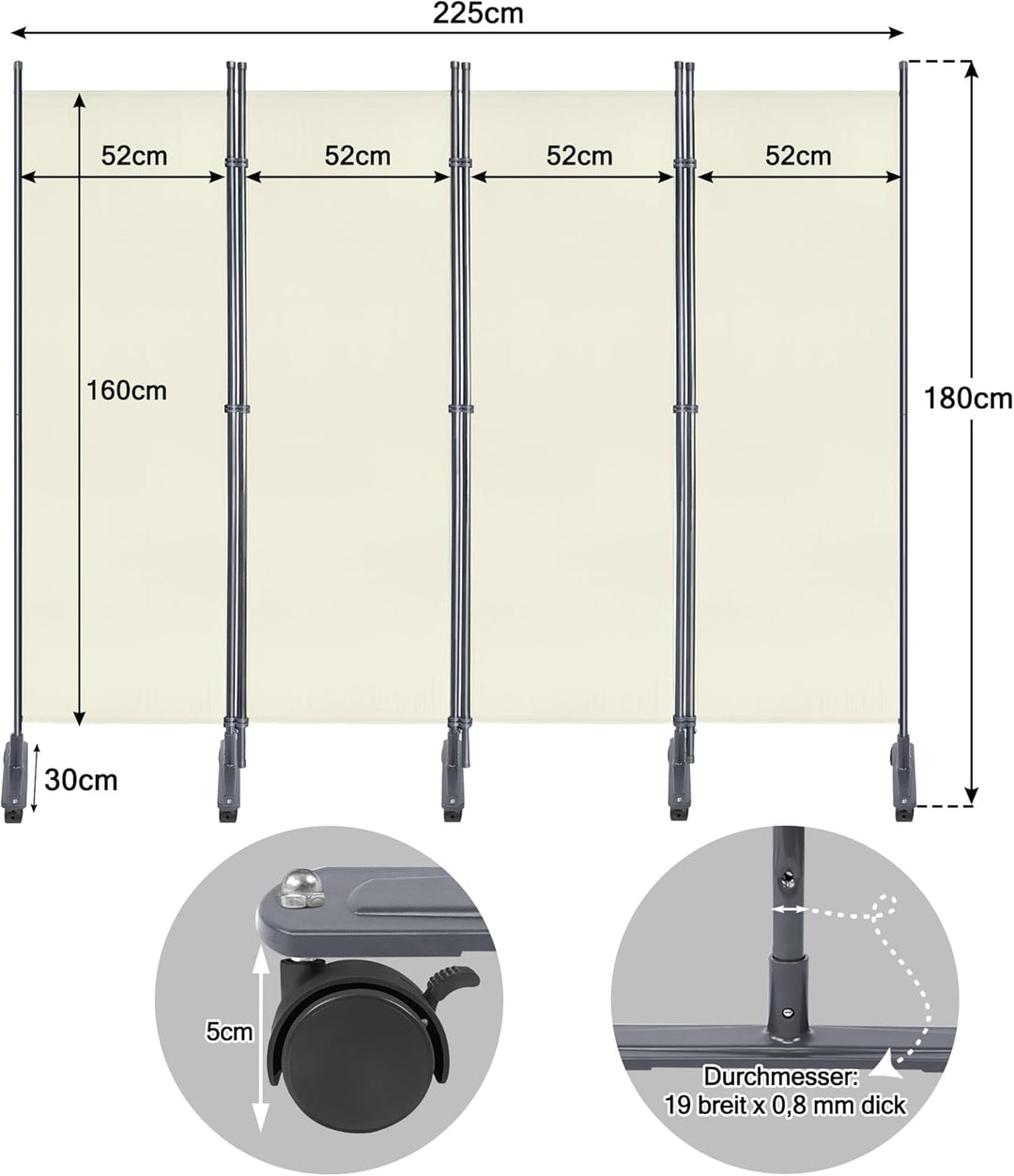 JOIEYOU Paravent Outdoor Sichtschutz Trennwand 4 Teilig 225x185cm Raumtrenner mit Rädern, Flache Füs