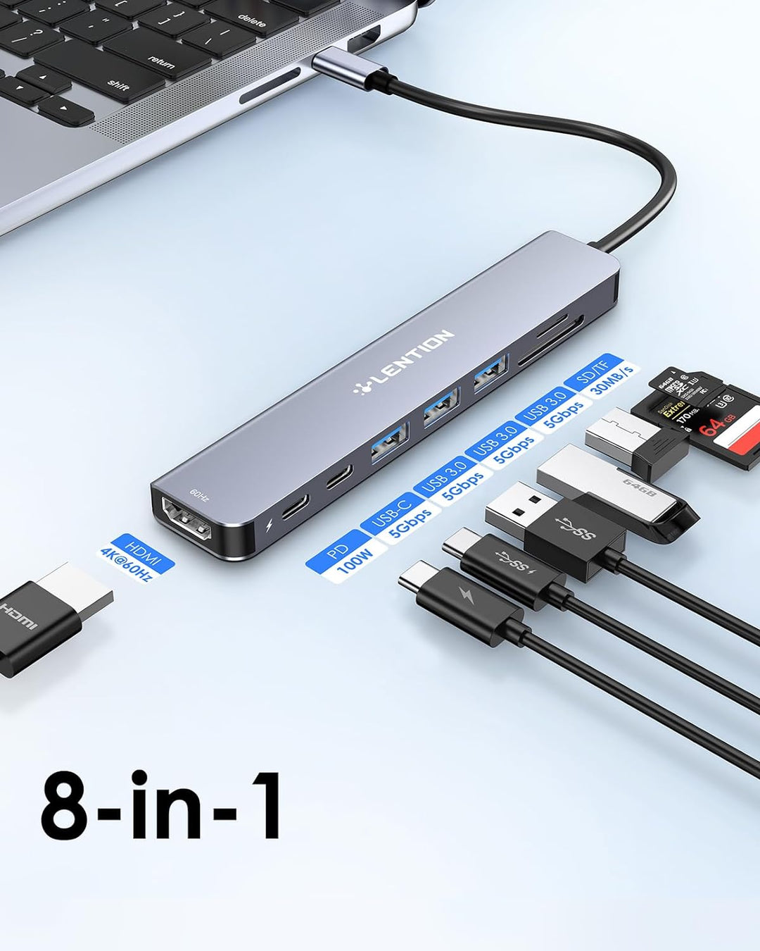 LENTION USB C Hub mit 4K60Hz HDMI, 100W PD, SD/TF Kartenleser, Typ-C Datei, USB 3,0 Adapter auf USB-