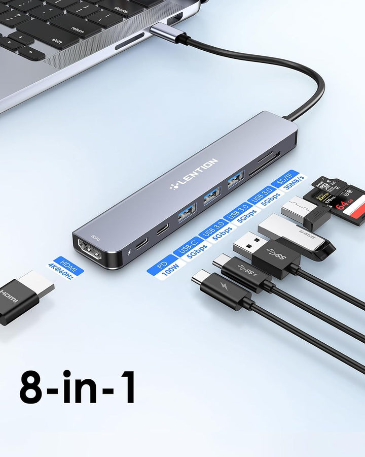 LENTION USB C Hub mit 4K60Hz HDMI, 100W PD, SD/TF Kartenleser, Typ-C Datei, USB 3,0 Adapter auf USB-