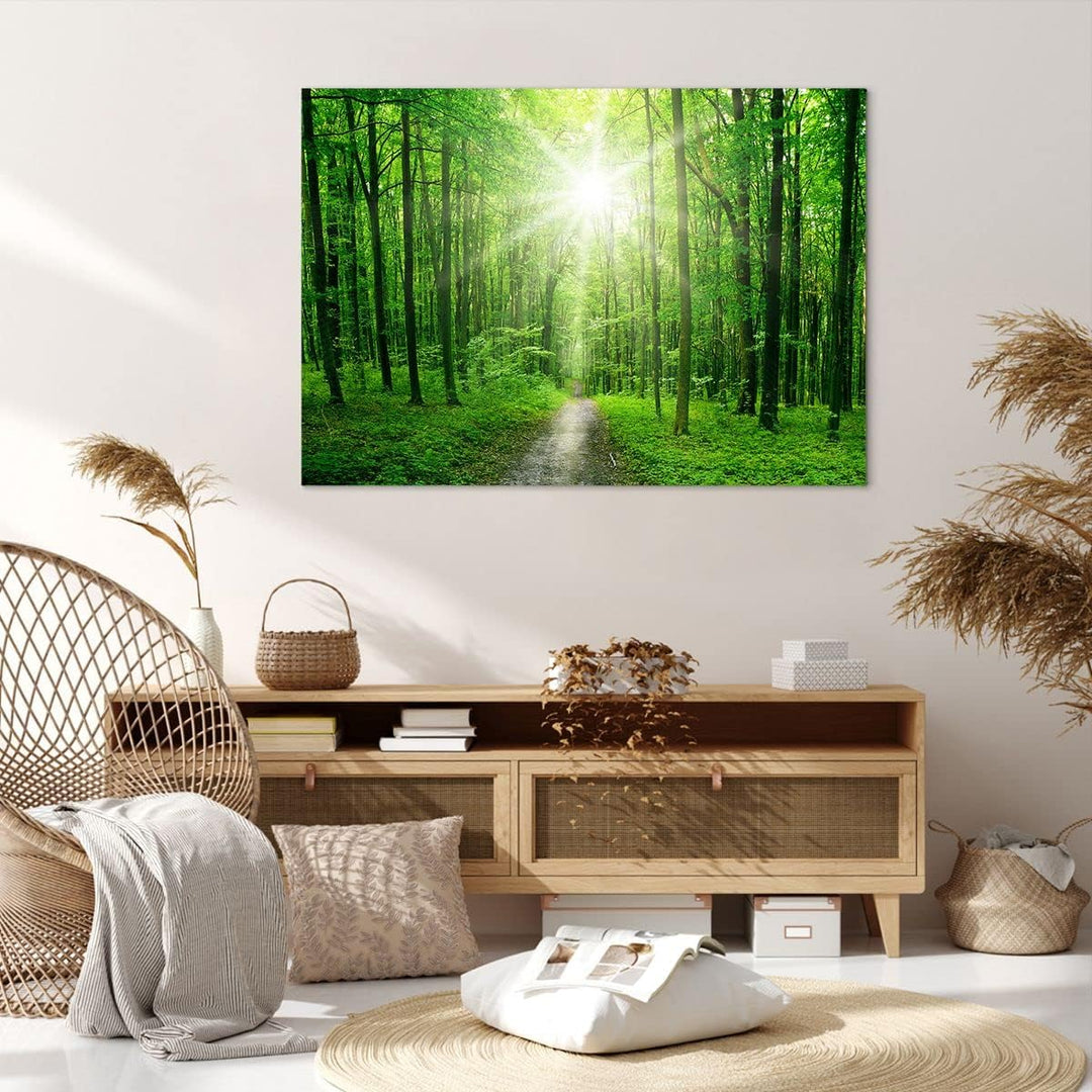 Bilder auf Leinwand 100x70cm Leinwandbild Sonnenstrahlen Wald Sommer Gross Wanddeko Bild Schlafzimme