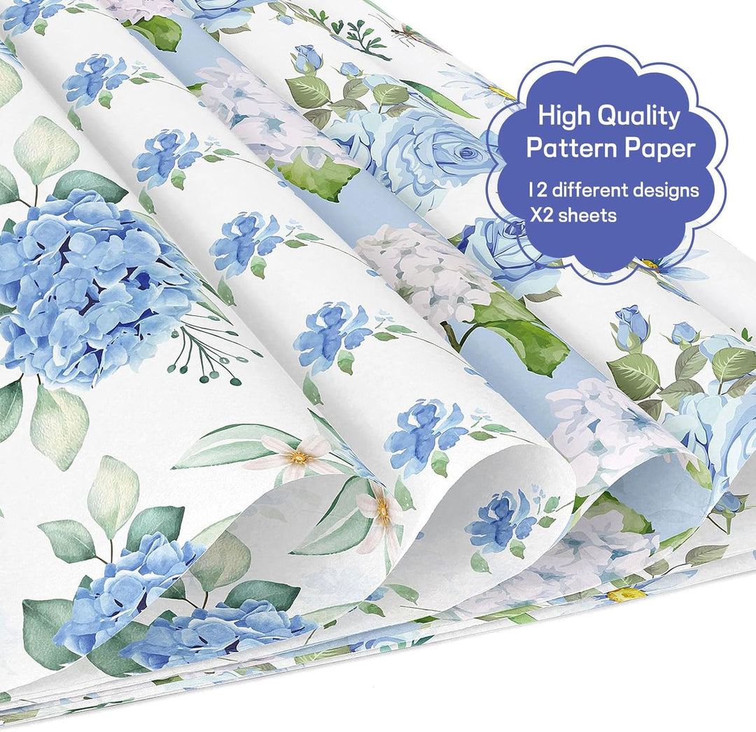 Scrapbook Papier 30x30 Scrapbook Bastelpapier mit Blumen Muster, Blau Scrapbooking Papier Frühling M