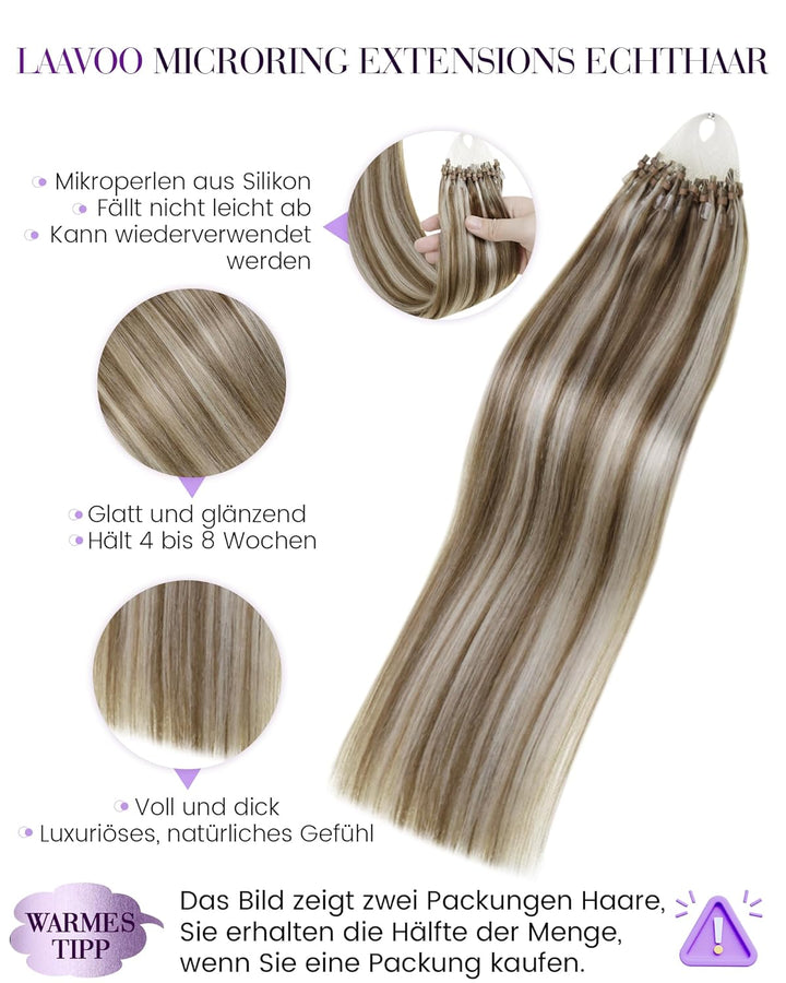 LaaVoo Microring Extensions Echthaar Highlighted Hellbraun mit Hellblond 45 cm Cold Fusion Echthaar