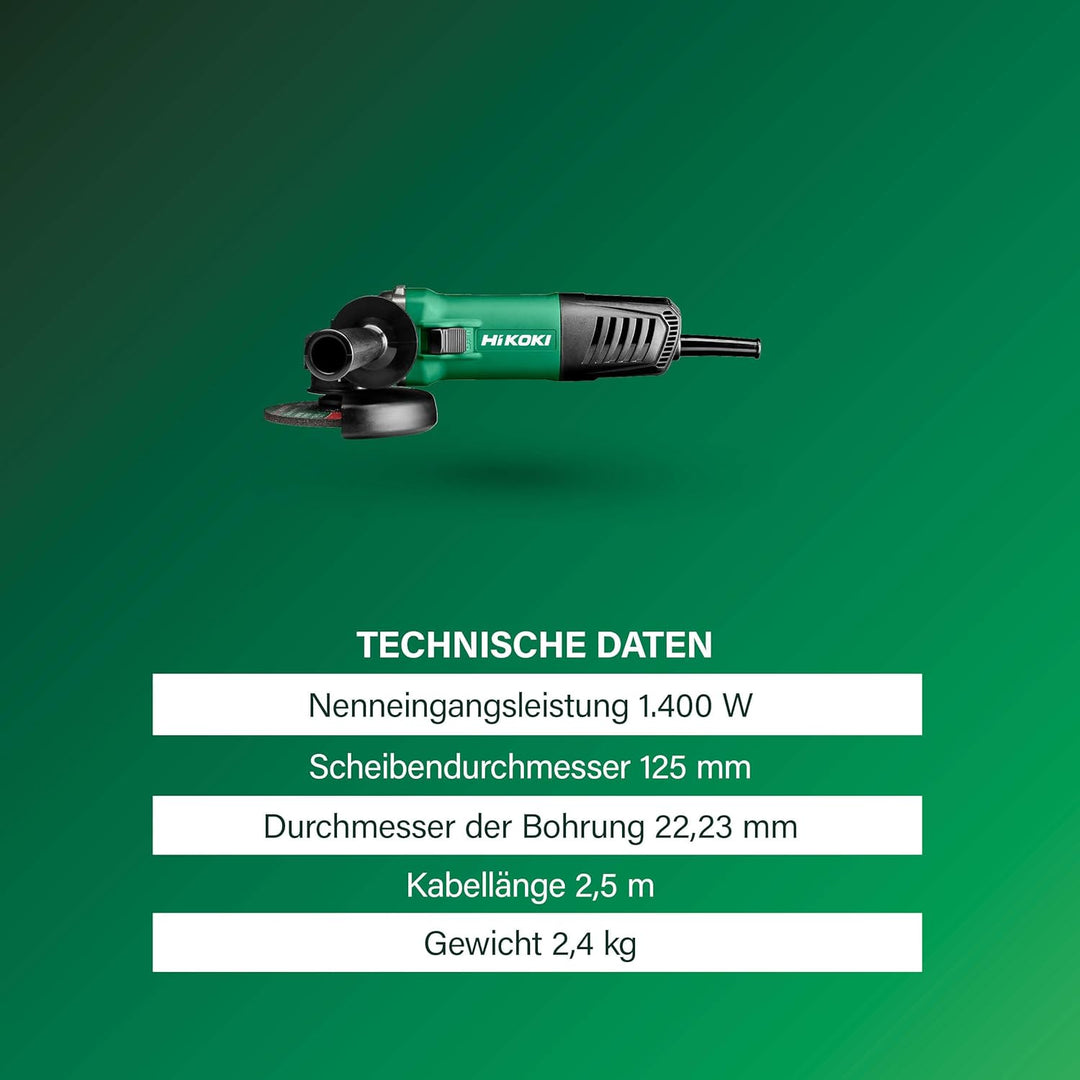 HIKOKI Winkelschleifer, G13SB4 (im Karton) Durchmesser 125mm mit Wiederanlaufschutz, (1400W) 230V, S