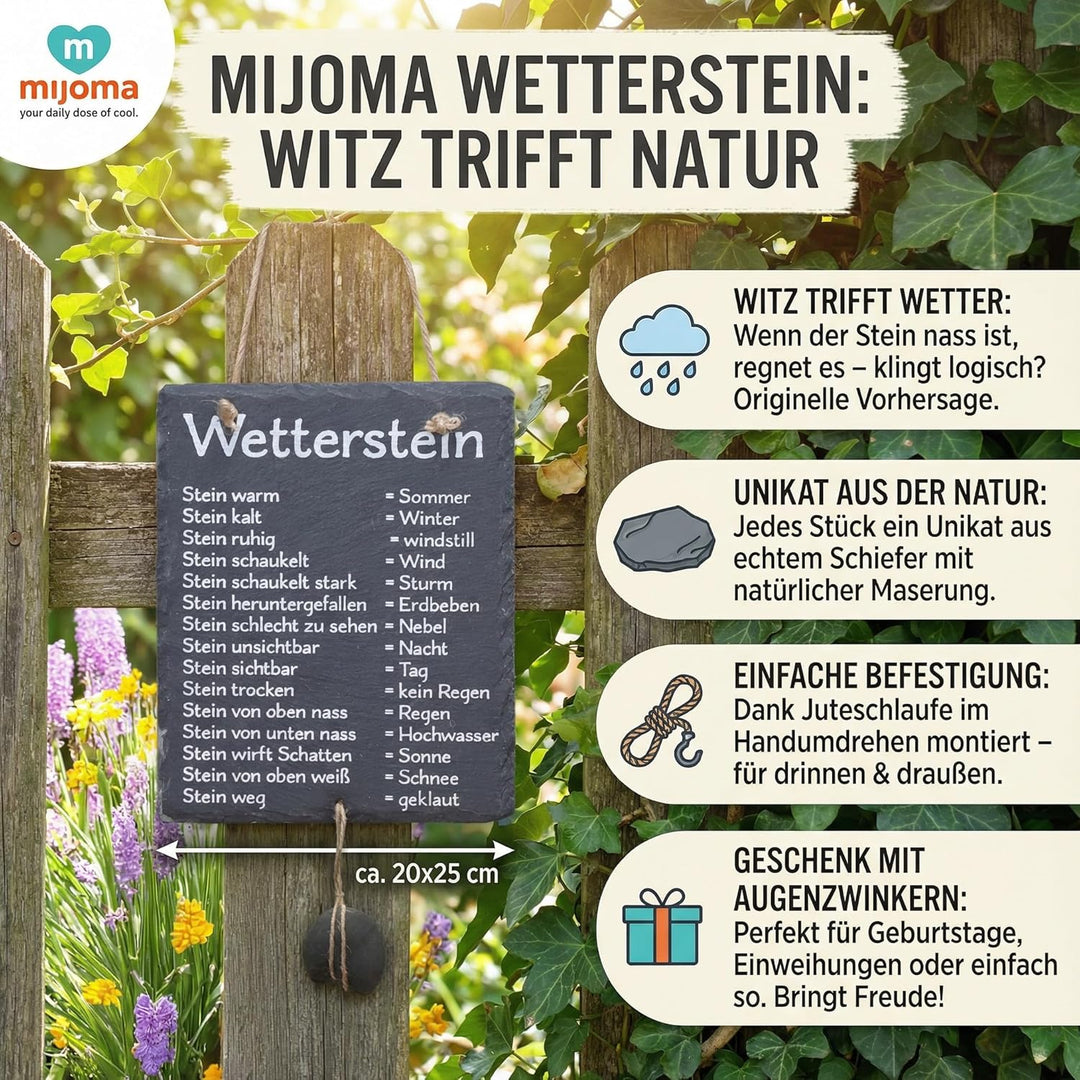MIJOMA Wetterstein Schiefertafel – Wetterstation aus Schiefer mit Juteband – rustikale Deko für Gart