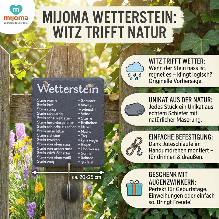 MIJOMA Wetterstein Schiefertafel – Wetterstation aus Schiefer mit Juteband – rustikale Deko für Gart