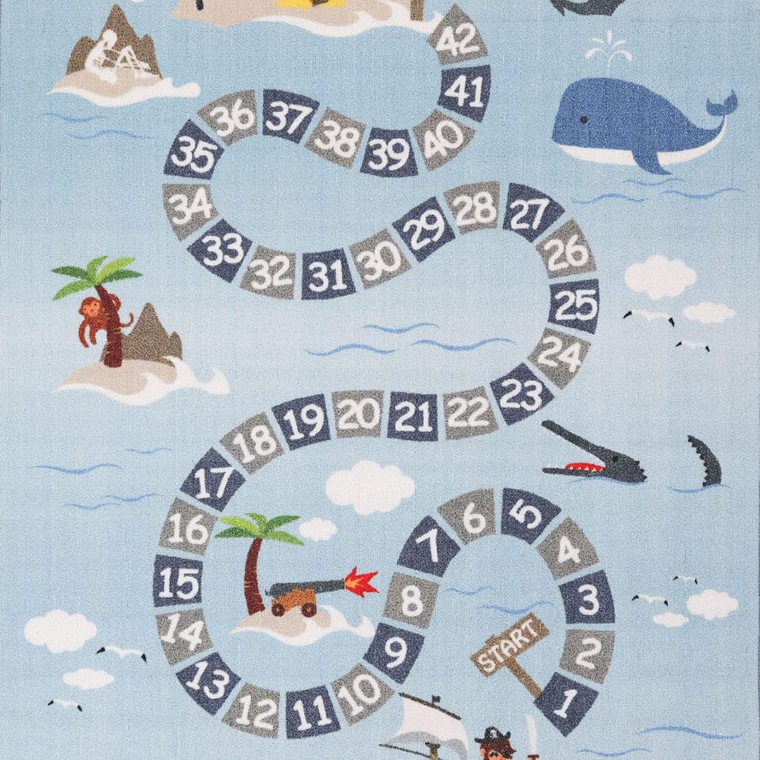 SIMPEX Kinderteppich Blau 80x120 cm Pirat Design Modern rutschfest Waschbar Pflegeleicht Extra Weich