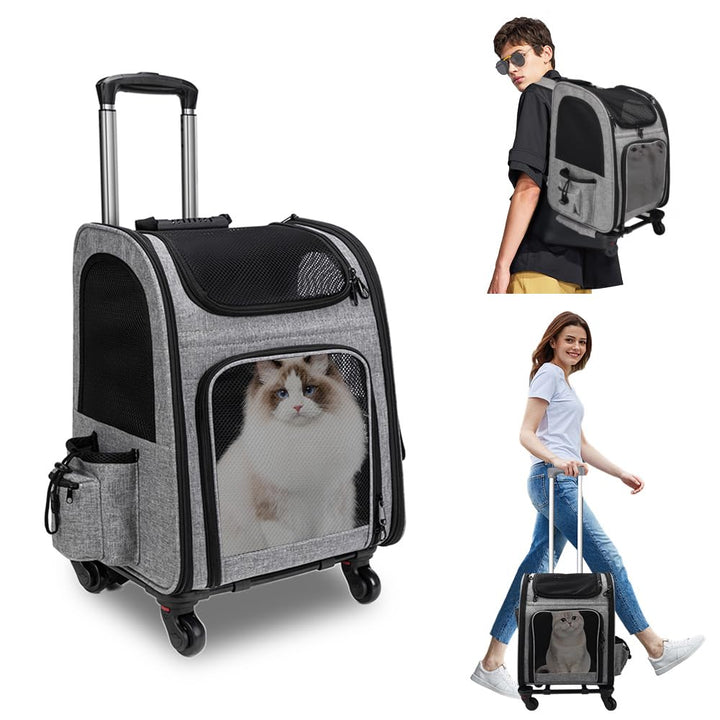 mumisuto Transportbox Katze mit Rädern 360° Drehbar, Transportbox Hund mit Taschen, Hundewagen Troll