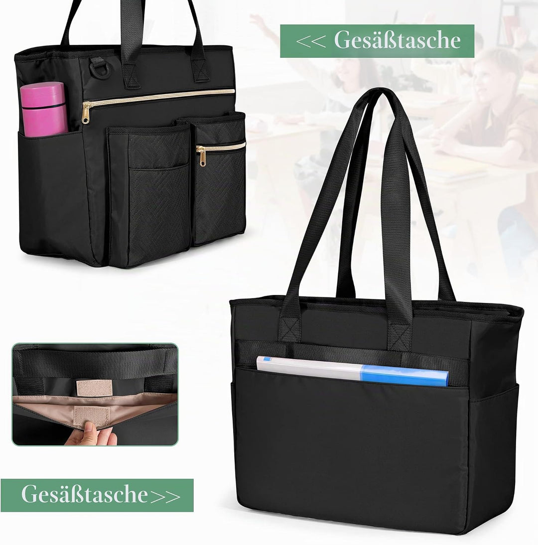 Fasrom Teacher Arbeitstasche mit Fächern für Laptop, Grosse Laptoptasche für Lehrer Schwarz, Schwarz