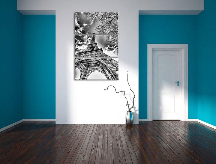 Pixxprint Monocrome, Eindrucksvoller Eifelturm Paris 3-Teiler Leinwandbild 120x80 Bild auf Leinwand