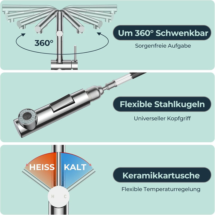 FORIOUS Küchenarmatur, Wasserhahn Armatur Küche Ausziehbar Brause, Einhebel Mischbatterie Spülarmatu