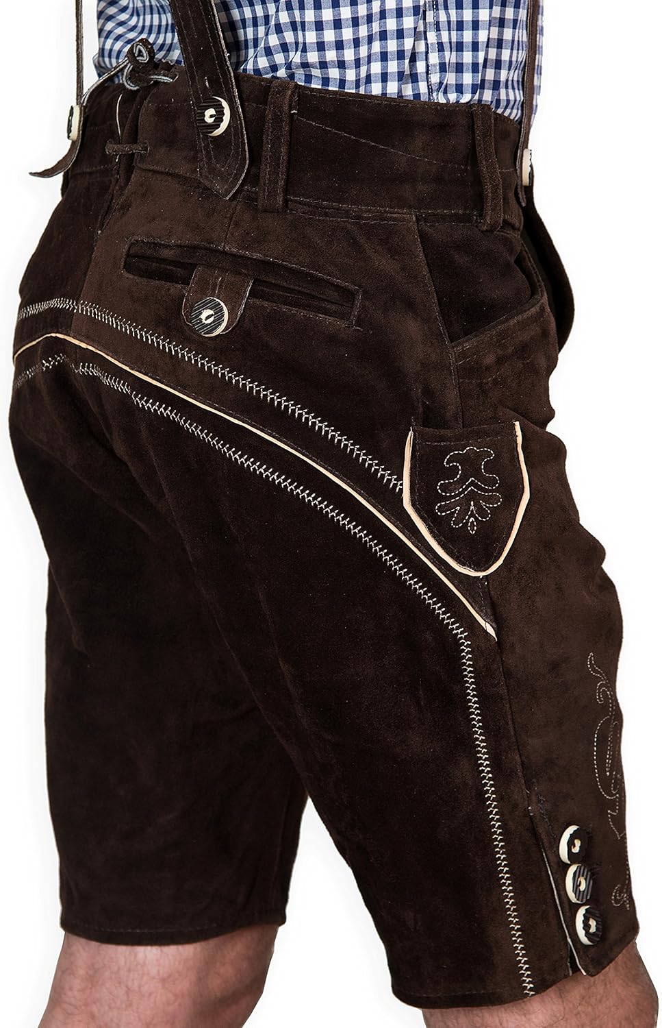 Bayerische Herren Trachten Lederhose kurz, Elegante Trachtenlederhose mit Trägern, original in Dunke