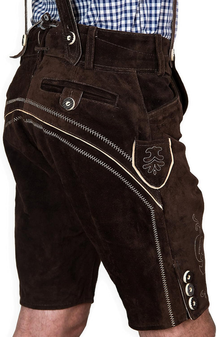 Bayerische Herren Trachten Lederhose kurz, Elegante Trachtenlederhose mit Trägern, original in Dunke