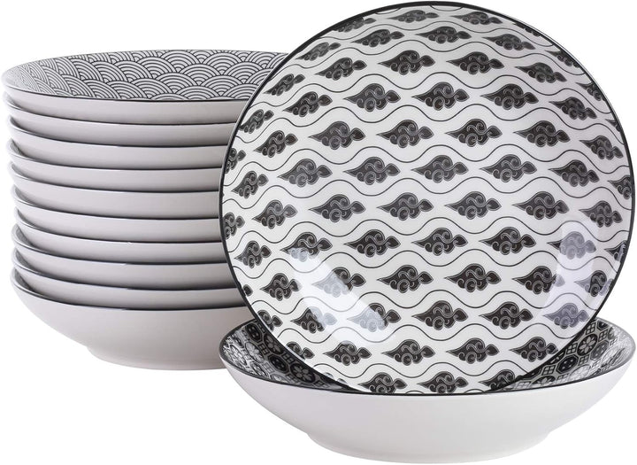 vancasso, Haruka 12 tlg. Porzellan Suppenteller Set, Tiefteller, Rund,700 ml Schwarz 12-teilig Suppe