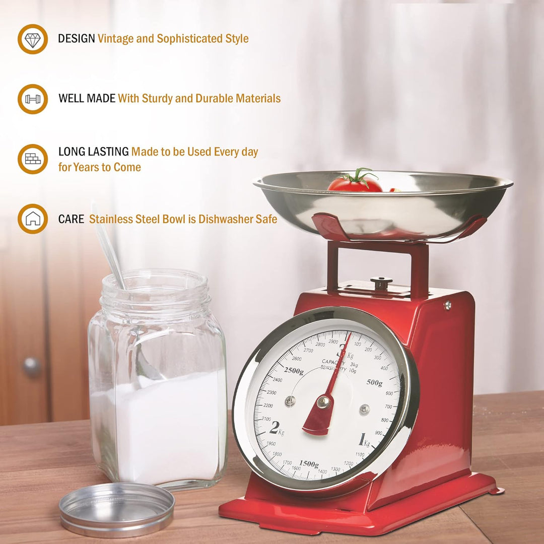 Premier Housewares Küchenwaage im Retrolook mit Edelstahlschale, rot, Rot