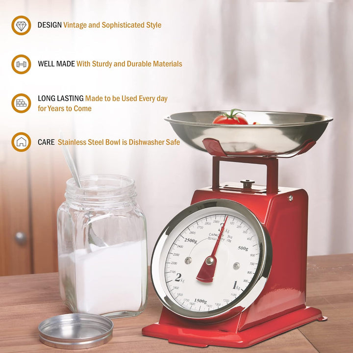 Premier Housewares Küchenwaage im Retrolook mit Edelstahlschale, rot, Rot