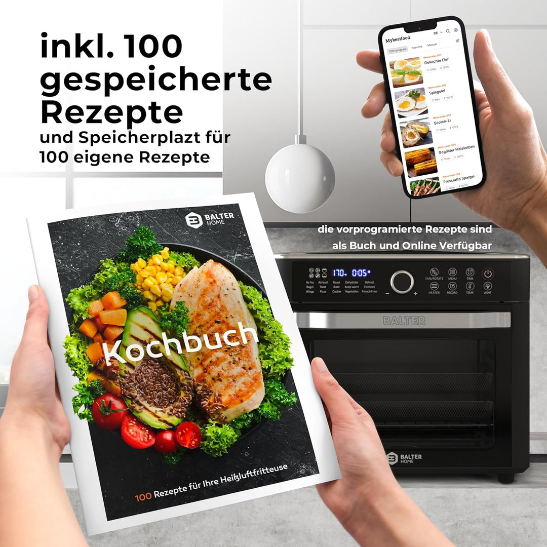 Balter Heissluftfritteuse XXL 22L Airfryer, 200 Programme, 40°-230°, Dörrautomat, 16 in 1 heissluftf