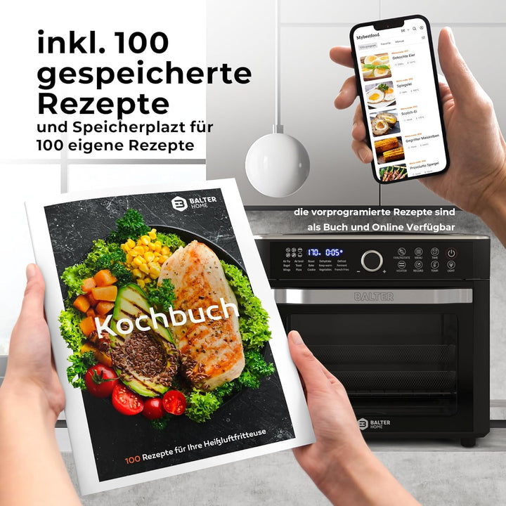 Balter Heissluftfritteuse XXL 22L Airfryer, 200 Programme, 40°-230°, Dörrautomat, 16 in 1 heissluftf
