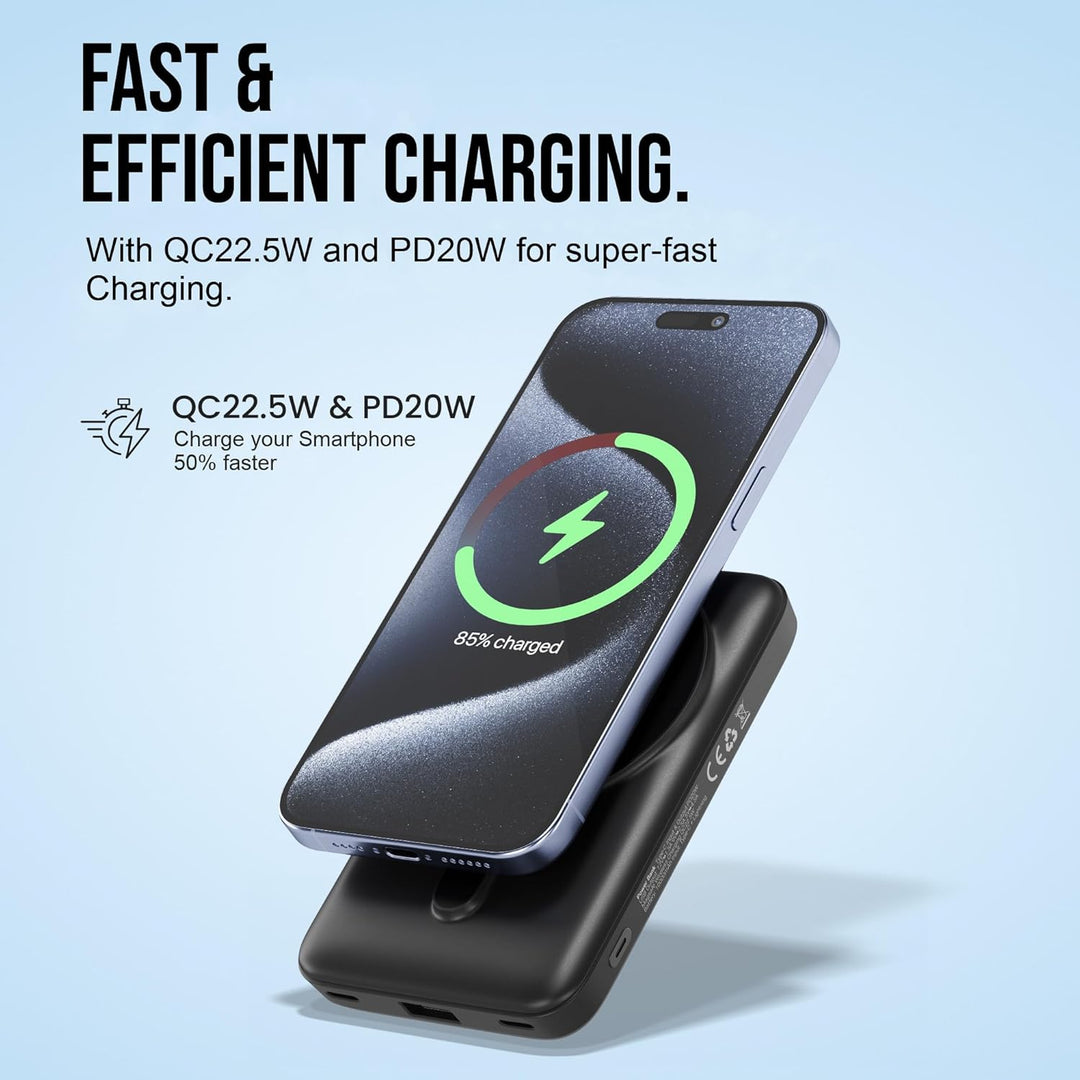 Powerbank 10.000 mAh USB-C Schwarz – Magnetische Wireless Powerbank 20 W, QC 22,5 W & PD 20 W, integ