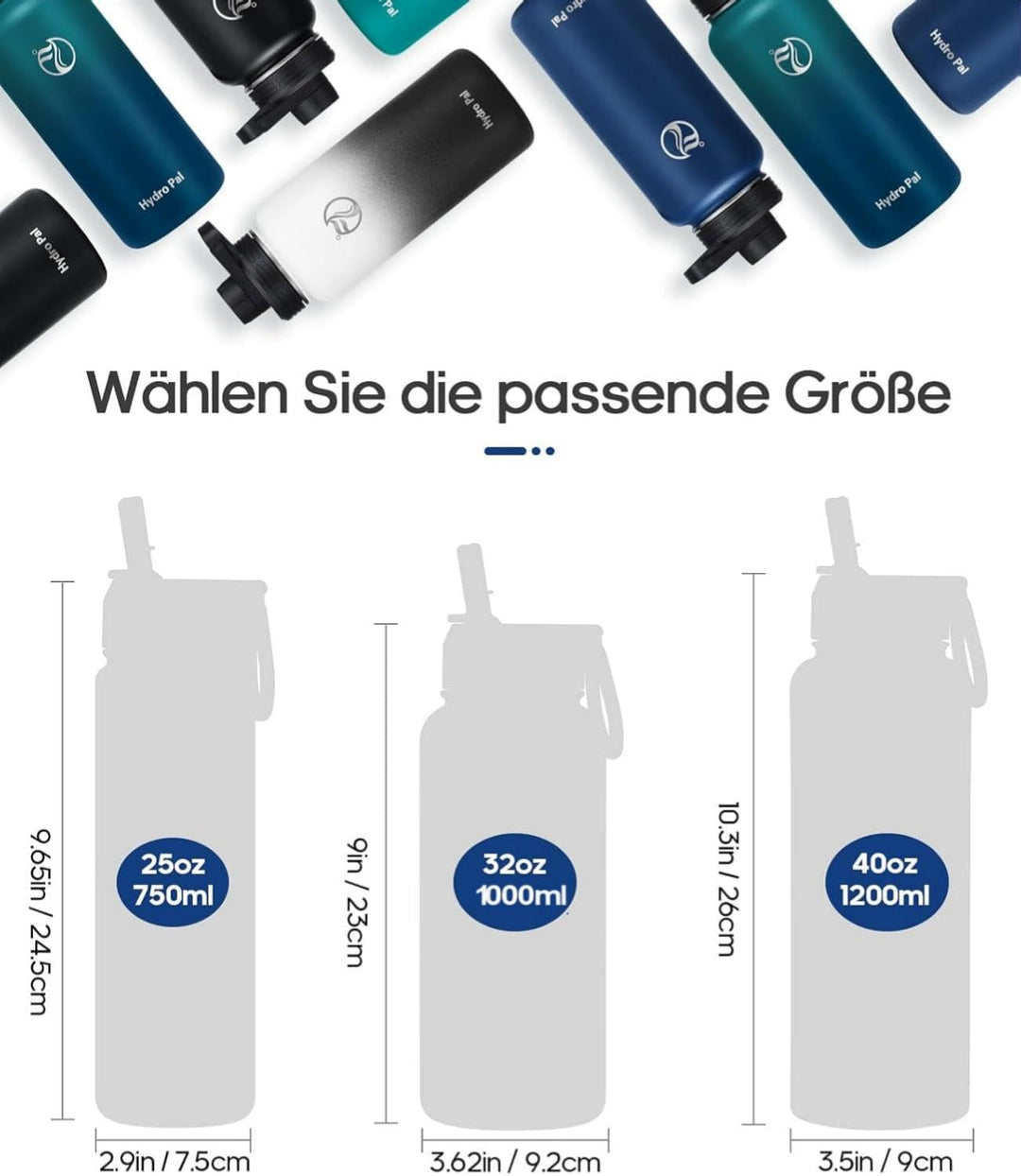 HydroPal Edelstahl Trinkflasche - 750ml, 1L, 1,2L, BPA-Frei, Kohlensäure geeignet, Isolierte Thermos