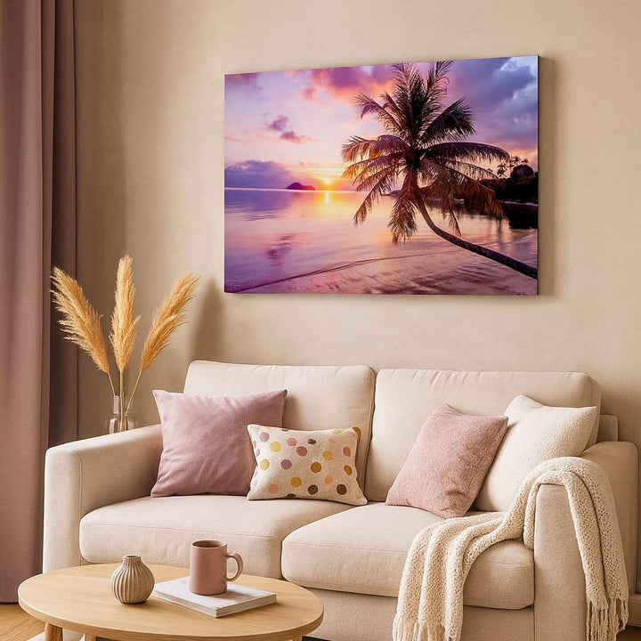 Bilder auf Leinwand Strand Meer Palme Leinwandbild mit Rahmen 70x50cm Wandbilder Dekoration Wohnzimm