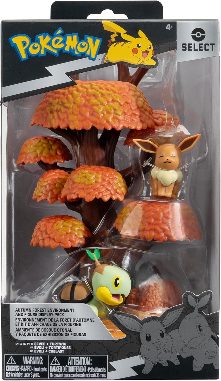 Pokémon PKW3683 - Select Environment Herbstbaum 15 cm mit Evoli und Chelast, offizielles Figuren Set