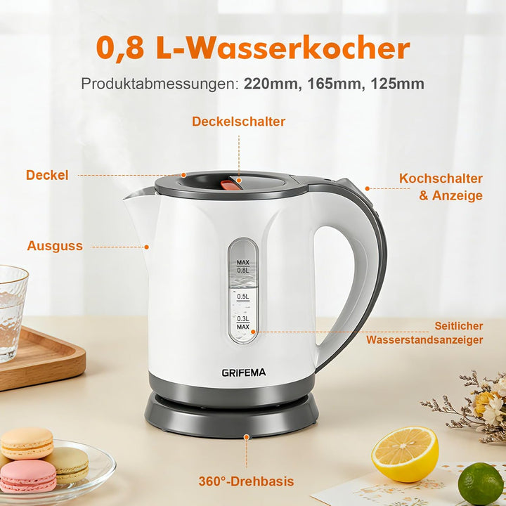 GRIFEMA Wasserkocher Klein, 0,8L, 1100W - Teekocher Elektrisch mit Kalkfilter, Kettle Leise, Schnell