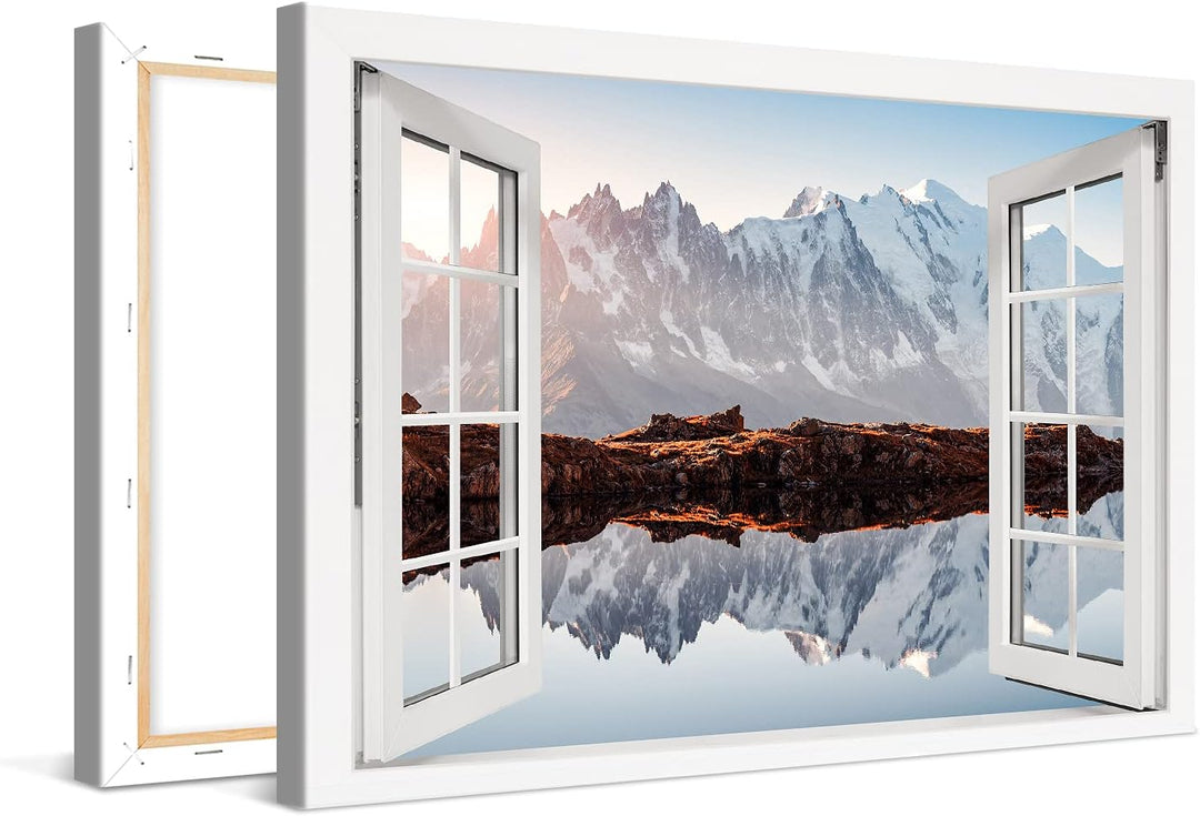 PICANOVA – Bild auf Leinwand Monte Bianco Alpen Bergsee Chesery Fenster 120x80cm Leinwandbild – Prem