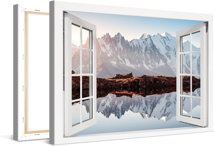 PICANOVA – Bild auf Leinwand Monte Bianco Alpen Bergsee Chesery Fenster 120x80cm Leinwandbild – Prem
