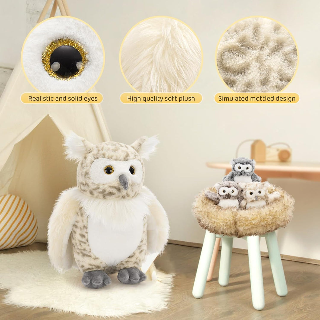 MorisMos gross Eule Kuscheltier XXL Set, 40cm hoch riesen Eule Kuscheltier mit 3 Babys im Bauch, owl