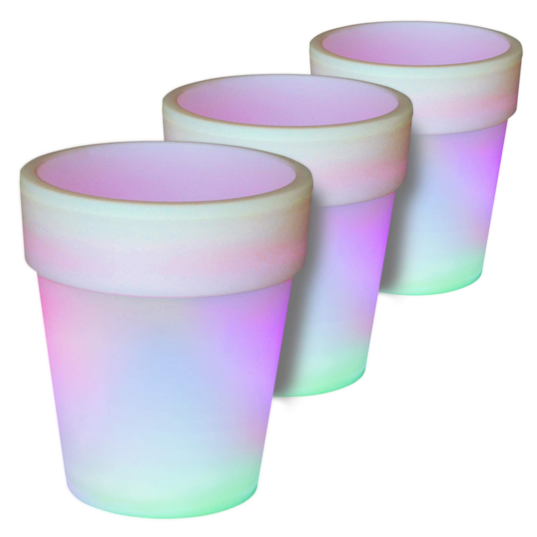 3er Set Solar Blumentopf Pflanzkübel mit 3 LED – 19 x 17 cm – Kunststoff weiss – mit Akku Wasserabla