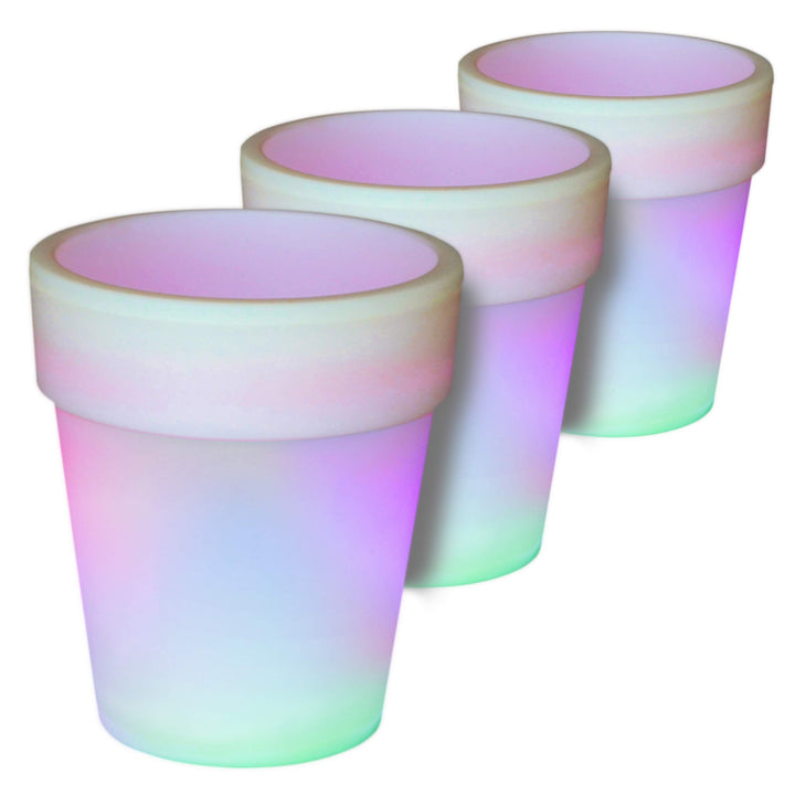 3er Set Solar Blumentopf Pflanzkübel mit 3 LED – 19 x 17 cm – Kunststoff weiss – mit Akku Wasserabla
