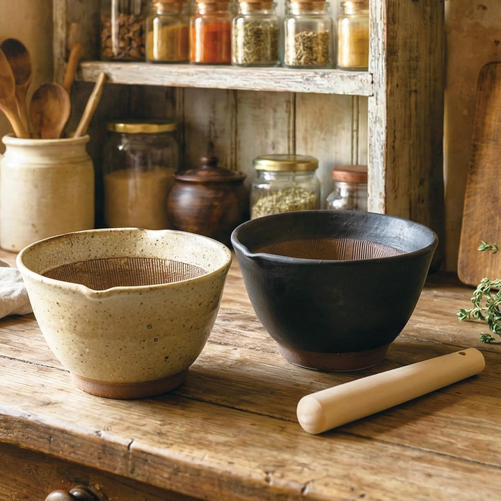 Asayu Japanische Keramik-Mörserschale in Grau mit Holzstössel 160 mm, Hergestellt in Japan, Spülmasc