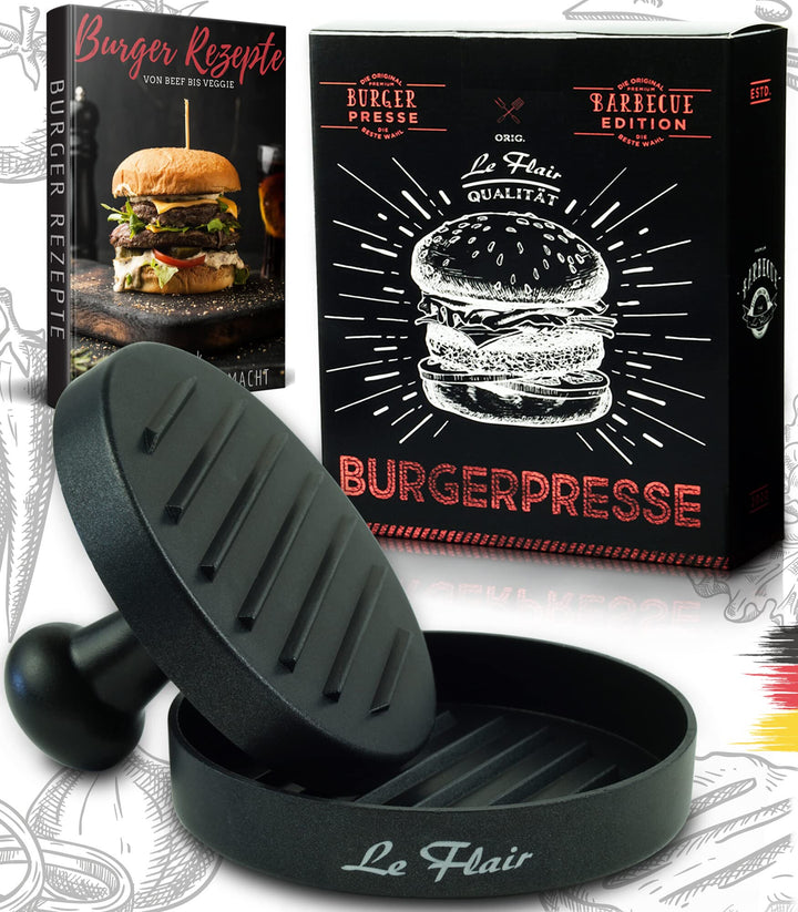 Le Flair® Alu Burgerpresse aus hochwertigem Aluminium - Hamburgerpresse mit Aufbewahrungstasche - Bu