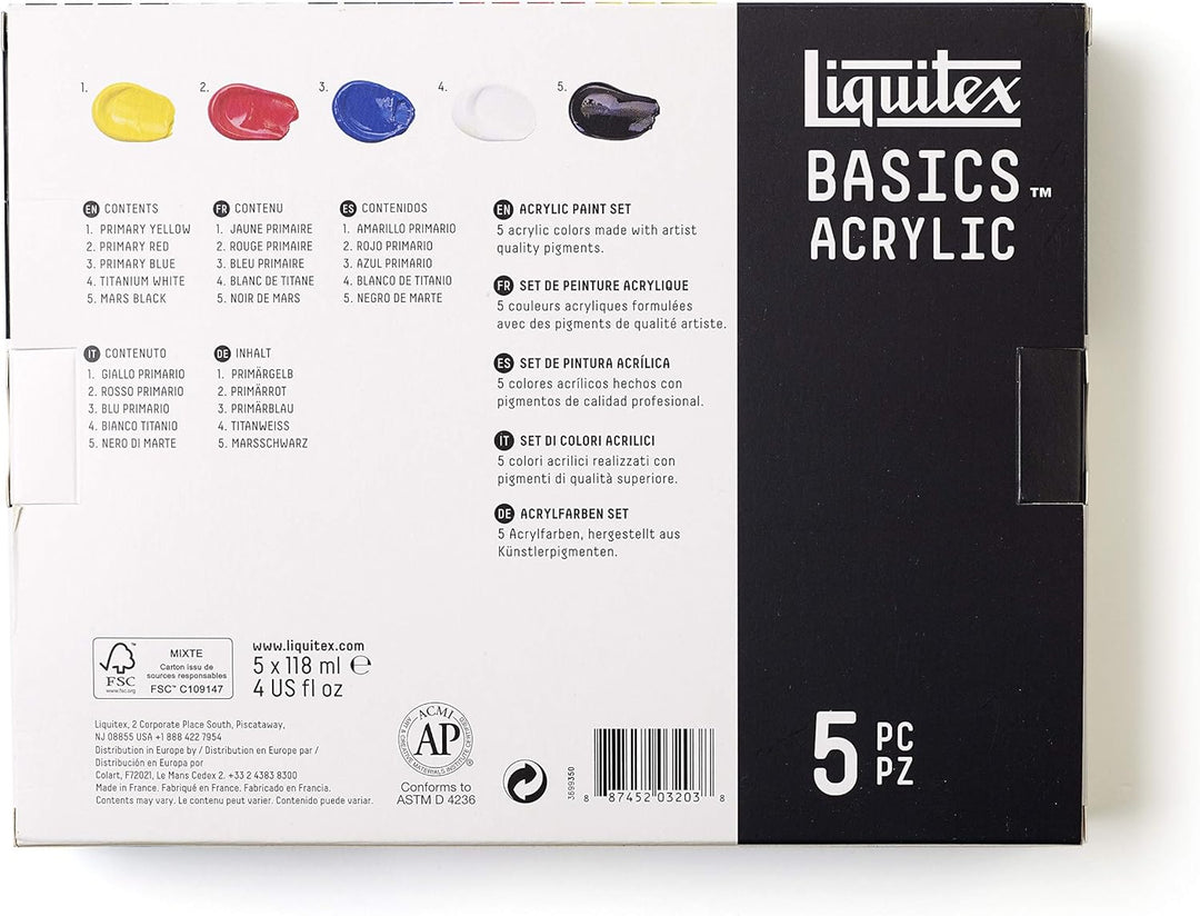 Liquitex 3699350 Basics Studio Acrylfarbe, 5 Farben in 118ml Tuben aus hochwertige und beständige Pi