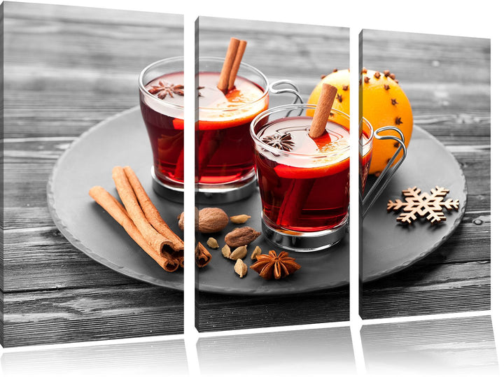Pixxprint Aromatischer Glühwein mit Zimt Schwarz/Weiss 3-Teiler Leinwandbild 120x80 Bild auf Leinwan