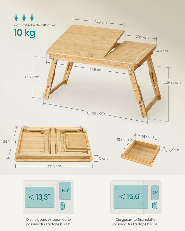 SONGMICS Höhenverstellbarer Laptoptisch mit Schublade, klappbarer Notebooktisch aus Bambus, Betttisc