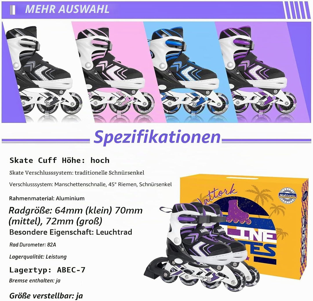 Nattork Inliner für Kinder Verstellbare Inline Skates, 4 Grössen Kinder Inline Roller Skates mit Bel