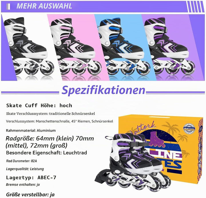 Nattork Inliner für Kinder Verstellbare Inline Skates, 4 Grössen Kinder Inline Roller Skates mit Bel