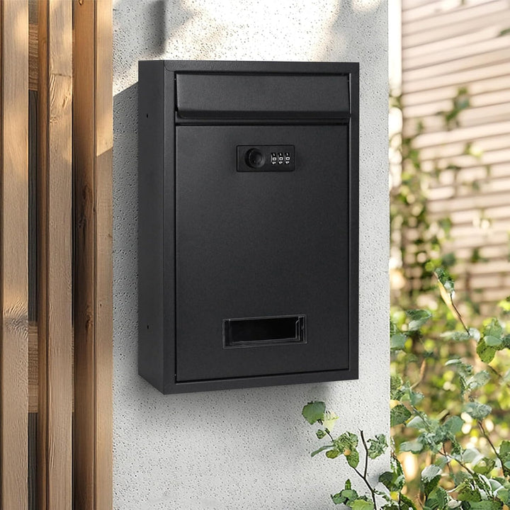 Briefkasten Schwarz mit Zahlenschloss, Wetterfester Wandbriefkasten aus Stahl, Postkasten Regenabwei