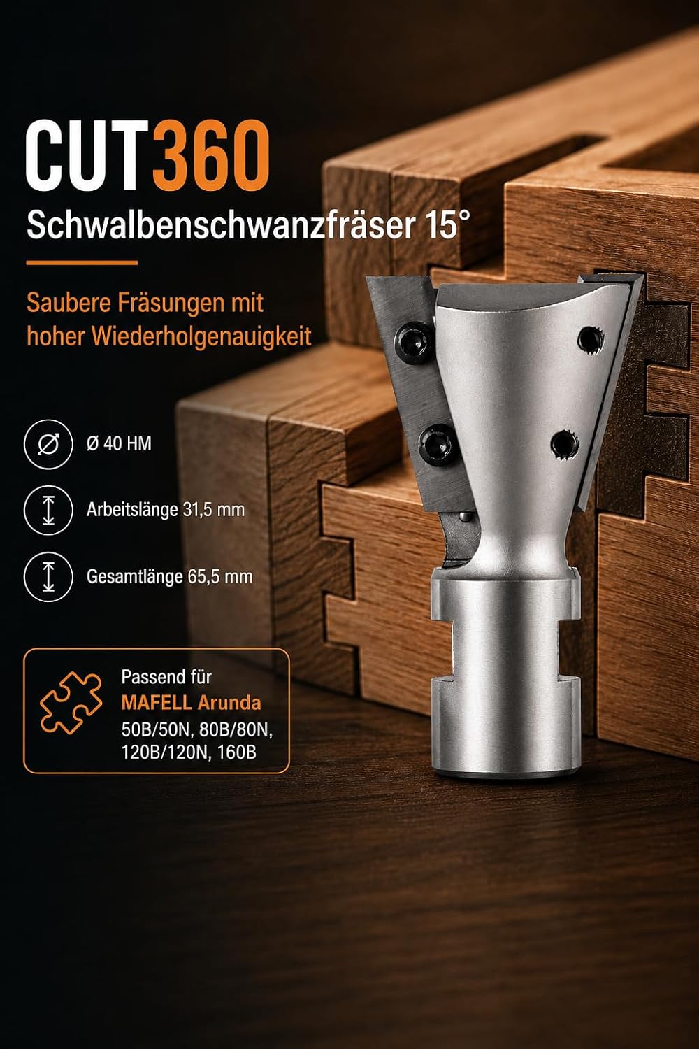 Zinkenfräser 15° mit Wendemesser für Arunda System - 15° Schneide 2, Hartmetall Ø 40 - Rechts - 31,5