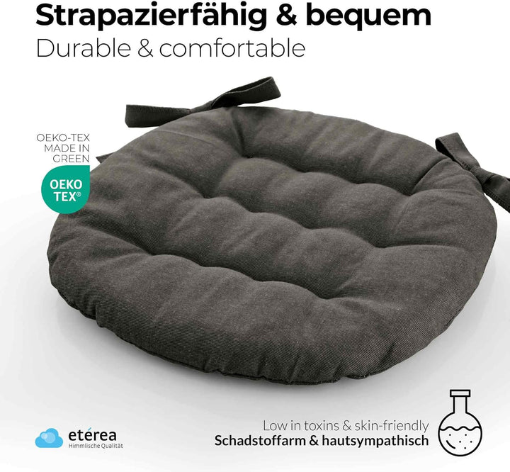 etérea 8er Set Sitzkissen Outdoor 38x38 Rund mit Bändern - Stuhlkissen Anthrazit für Gartenstuhl &amp; I