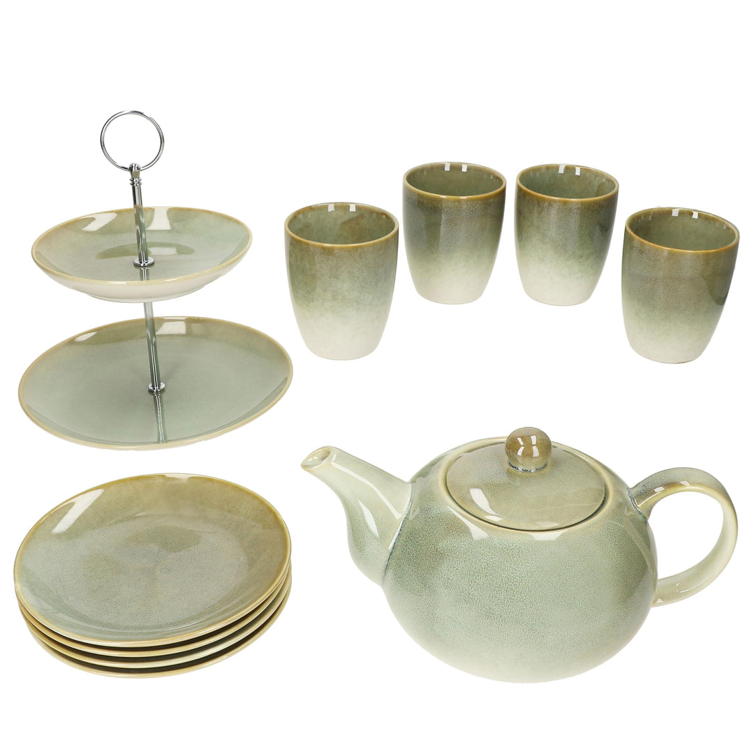 MamboCat 10tlg Teeset Scones Grün I 1x Etagere 2-stöckig, 1x Teekanne, 4X Becher & 4X Teller aus Ste