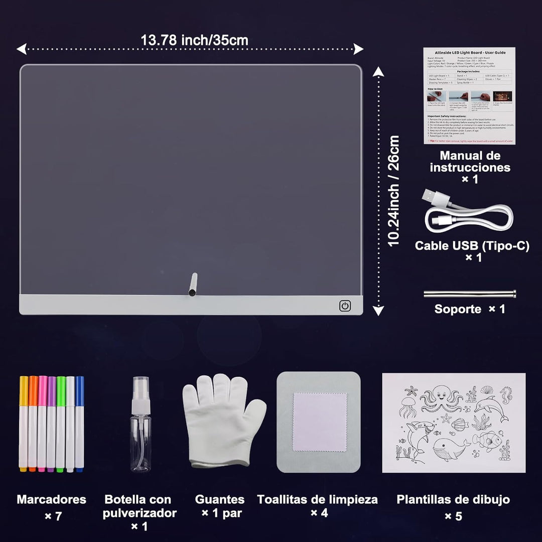 Allinside LED Zeichenbrett für Kinder, Leuchtendes LED Maltafel mit 7 Farben, Zeichen- & Schreibtafe