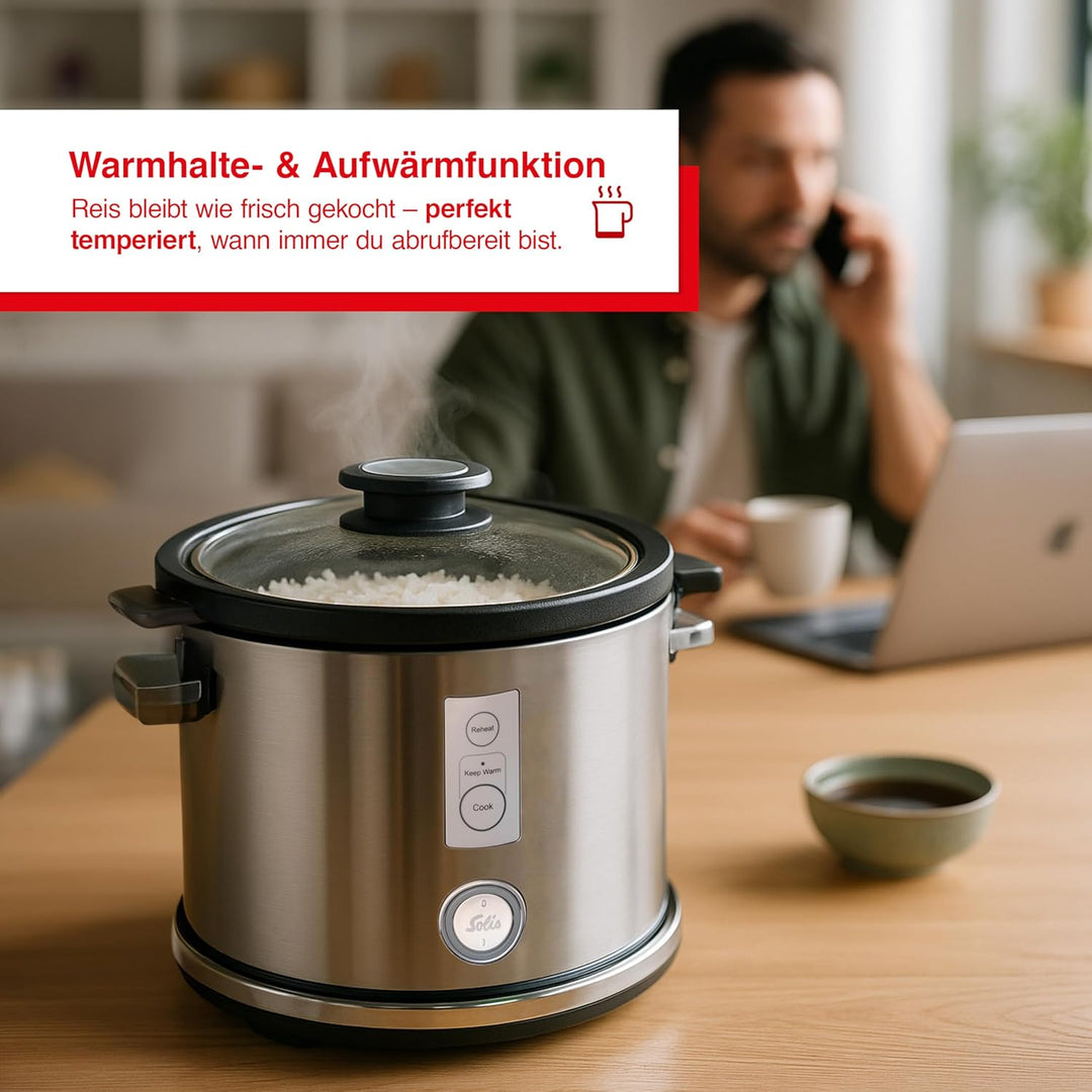 Solis Rice Cooker Multi – Reiskocher mit Dampfgarfunktion, PFAS-freiem Antihaft-Topf für bis zu 6 Ta