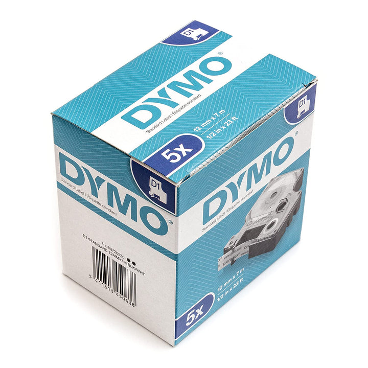 Dymo D1-Standard-Kennzeichnungsband 45013 (S0720530) 12 mm x 7 m, schwarz auf weiss, 5 Stück