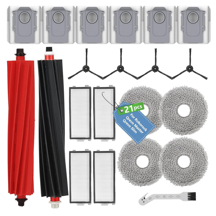 21 Stück Zubehör für Roborock Qrevo Master/Qrevo Slim – 6 Staubbeutel, 2 Gummi Hauptbürsten, 4 HEPA