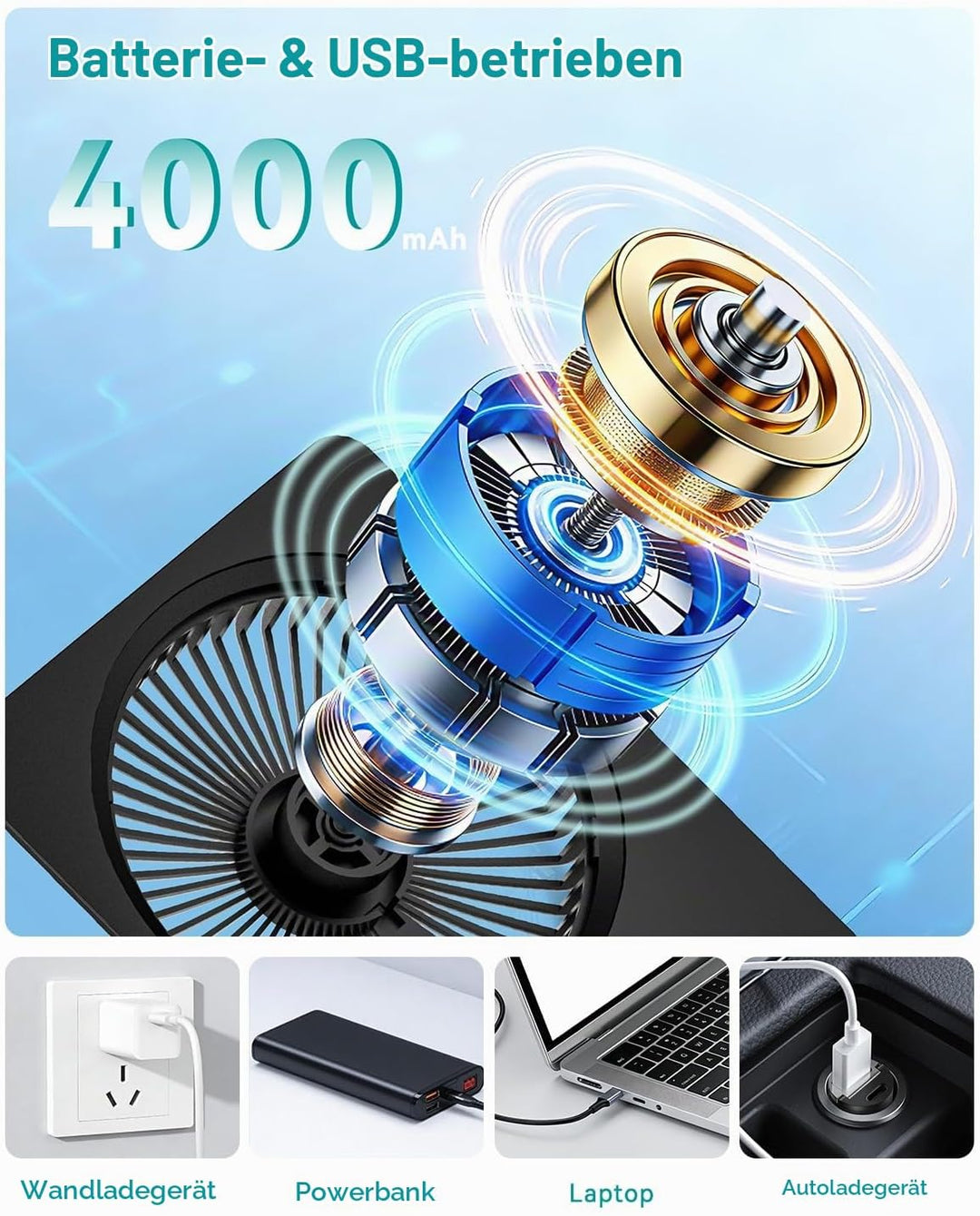 Klein Tischventilator,Leise Ventilator Akku 180°Einstellbar Tragbarer LED Anzeige Fan Für Büro Bibli