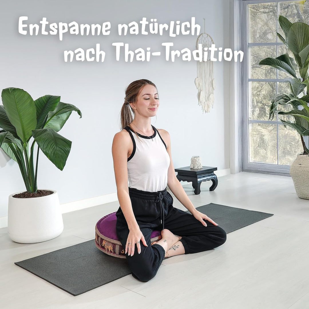 livasia Meditationskissen mit Thaiseide - Ø 45x15cm - Yogakissen mit Kapok, Pouf, Bodenkissen für Yo