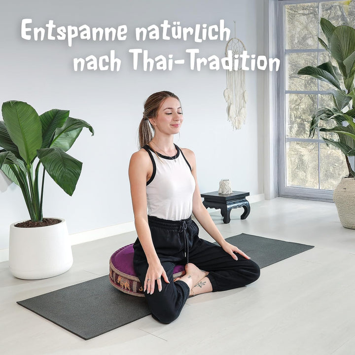 livasia Meditationskissen mit Thaiseide - Ø 45x15cm - Yogakissen mit Kapok, Pouf, Bodenkissen für Yo